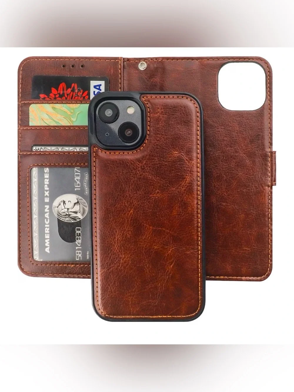 Brown Leather Wallet Phone Case with Card Slots - Compatible iPhone 15